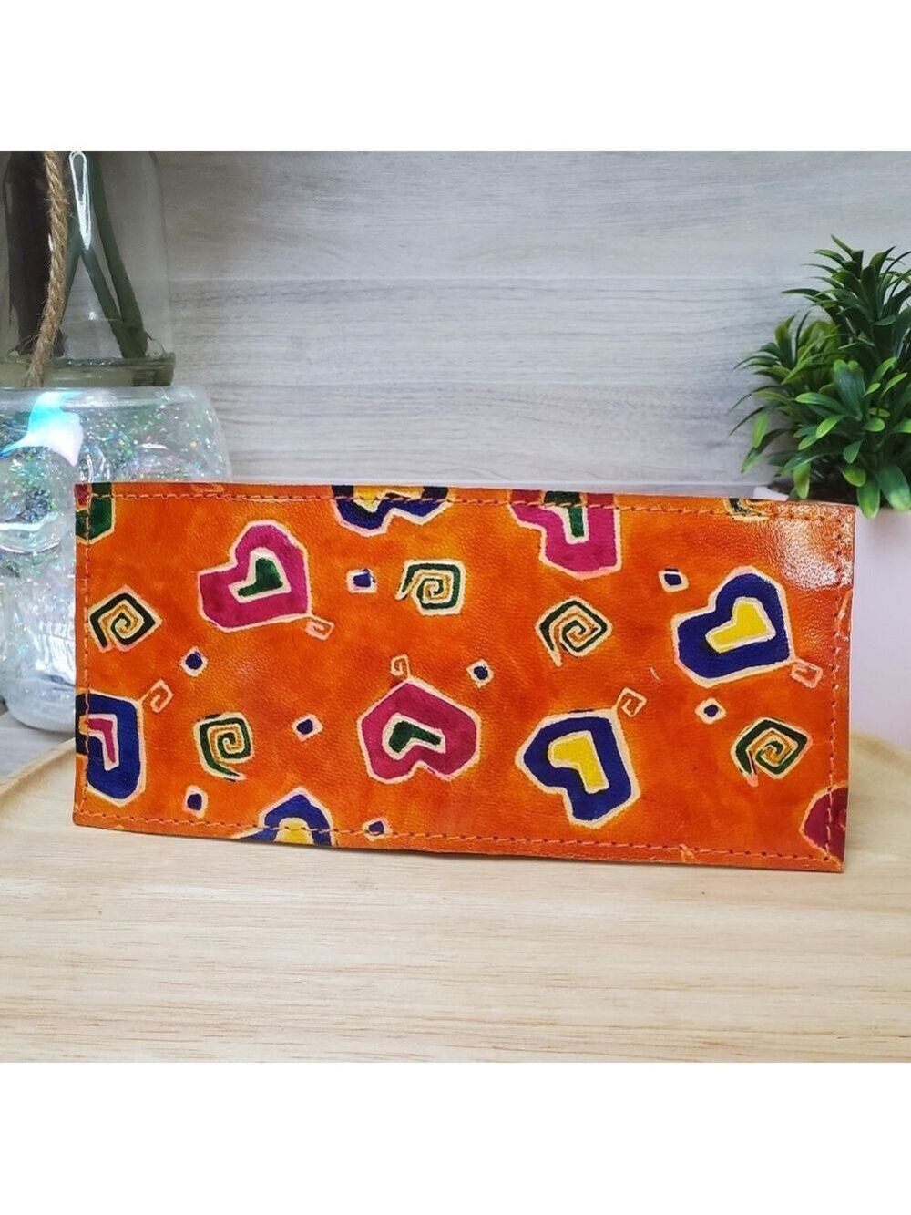 Vintage Painted Leather Long Wallet Card Holder Hearts Orange India